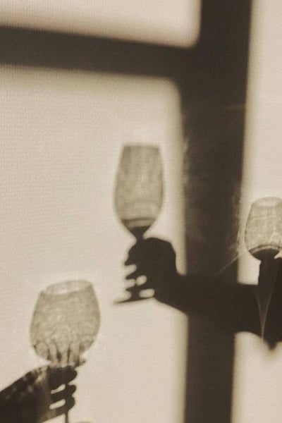 moody cheers celebratory vibes shadows of three people holding filled wine glasses website image